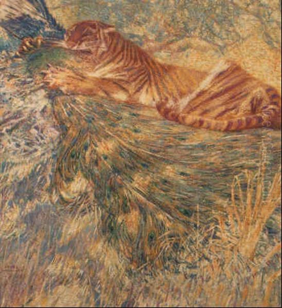 Tigre Devorant Un Paon Oil Painting by Franz (Bernard) Gailliard