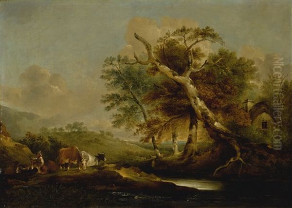 A Landscape With A Seated Figure, Cattle, And Sheep By The Water Oil Painting by Thomas Gainsborough