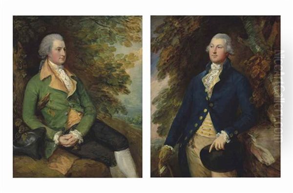 Portrait Of Thomas Brooke (?1755-1820), Three-quarter-length, In A Green Frock Coat, Resting By A Tree In Wooded Landscape; And Portrait Of Sir Richard Brooke, 5th Bt. (1753-1795), Three-quarter-length, In A Yellow Striped Waistcoat And Blue Frock Coat, I Oil Painting by Thomas Gainsborough