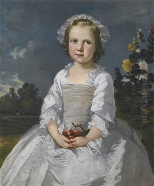 Portrait Of A Girl With Cherries, Sitting In A Landscape (collab. W/another Hand) Oil Painting by Thomas Gainsborough