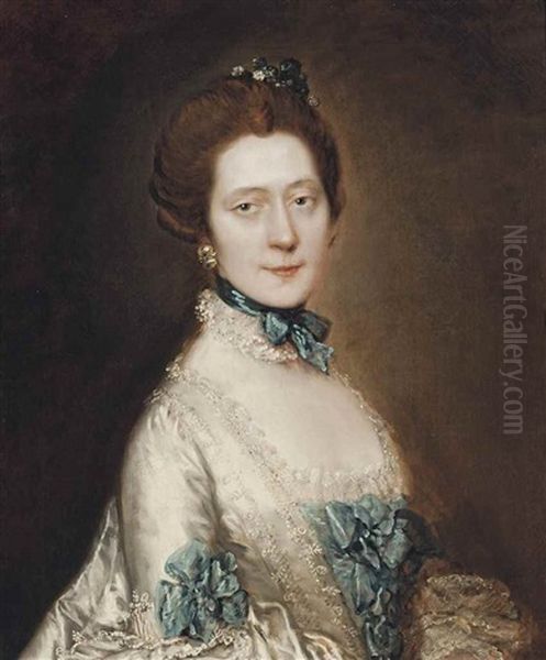 Portrait Of Lady Anne Furye, Nee Greenly (b. 1738), Half-length, In A White Satin Sack-back Dress With Blue Echelles<br/>, Wearing A Blue Ribbon And Lace Choker, With Crystal Earrings And Pompom Flowers In Her Hair Oil Painting by Thomas Gainsborough