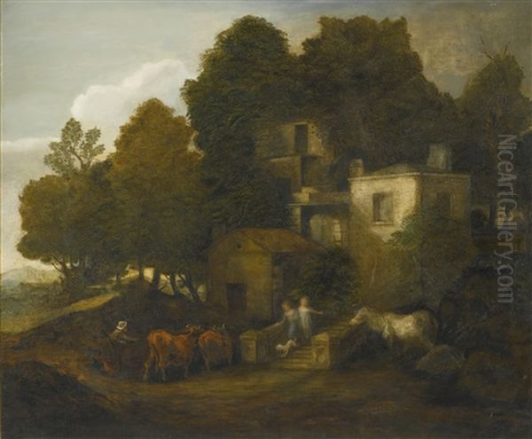 Wooded Landscape With Children Descending The Steps Of A Mansion Oil Painting by Thomas Gainsborough