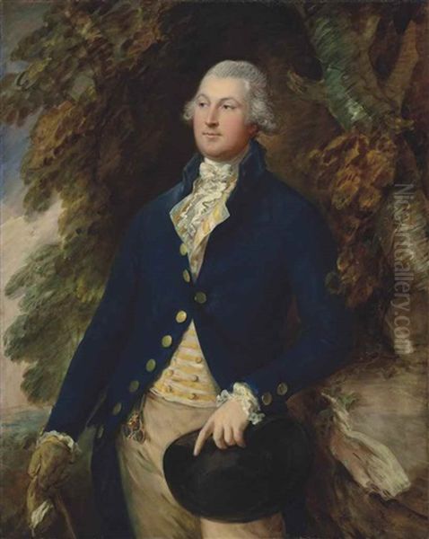 Portrait Of Sir Richard Brooke, 5th Bt. (1753-1795), Half-length, In A Striped Waistcoat And Blue Frock Coat, Holding A Hat, By A Tree In A Landscape Oil Painting by Thomas Gainsborough