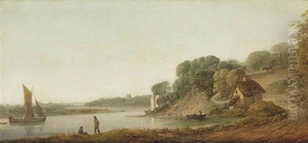 River Orwell At Harwich, With A Cottage And Figures Oil Painting by Thomas Gainsborough