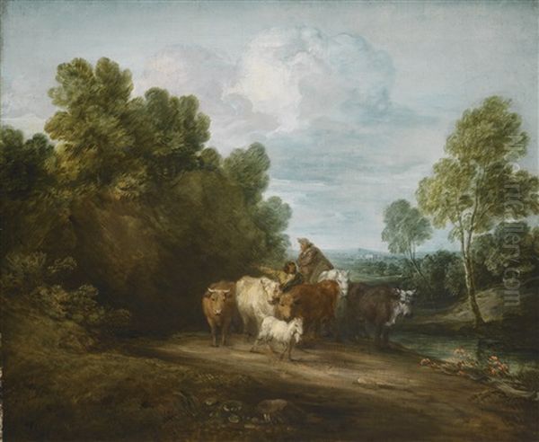 Wooded Rocky Landscape With Mounted Peasant, Drover And Cattle, And Distant Building Oil Painting by Thomas Gainsborough