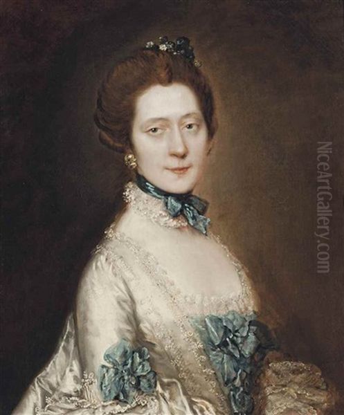 Portrait Of Lady Anne Furye, Nee Greenly (b. 1738), Half-length, In A White Satin Sack-back Dress With Blue Echelles, Wearing A Blue Ribbon And Lace Choker, With Crystal Earrings And Pompom Flowers In Her Hair Oil Painting by Thomas Gainsborough