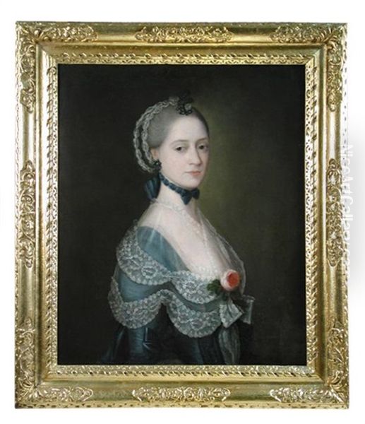 Portrait Presumed To Be Of Ann Anstey (died 1812) Half Length In Blue With Lace Trimmings, A Rose On Her Breast Oil Painting by Thomas Gainsborough