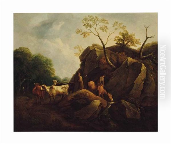 A Drover And His Cattle With A Travel On Horseback On A Path Oil Painting by Thomas Gainsborough