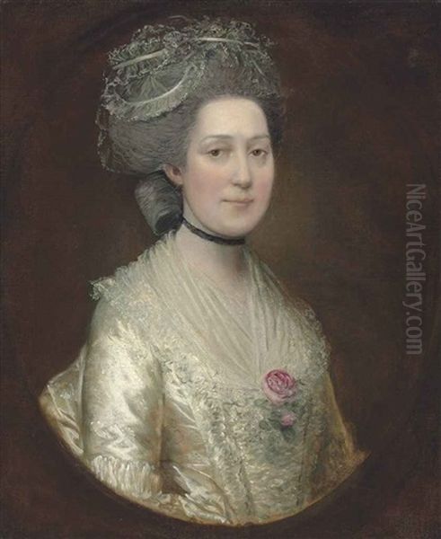 Portrait Of Sarah Langston, Bust-length, In A White Silk Dress With A Rose On Her Chest Oil Painting by Thomas Gainsborough