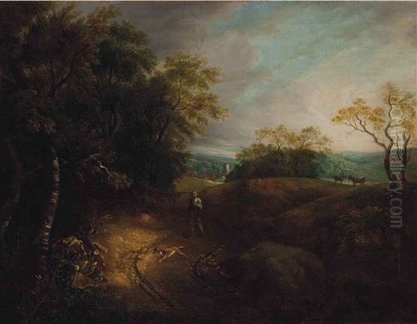 A Wooded Landscape With A Peasant And Dog, A Village Beyond Oil Painting by Thomas Gainsborough