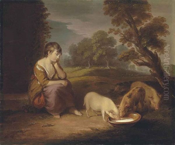 A Girl Feeding Pigs In A Wooded Landscape Oil Painting by Thomas Gainsborough