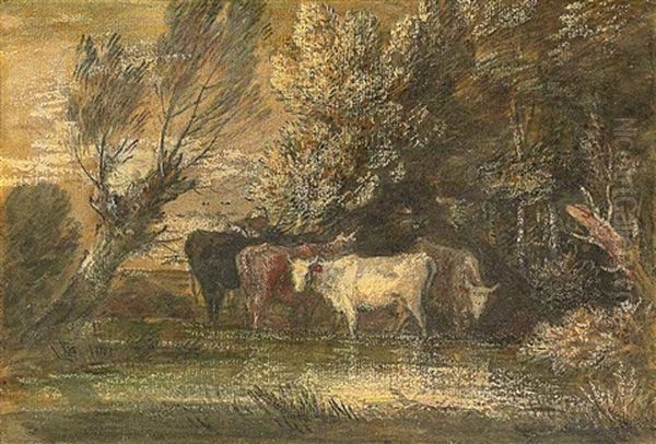 A Wooded Landscape With Cattle At A Watering Place Oil Painting by Thomas Gainsborough