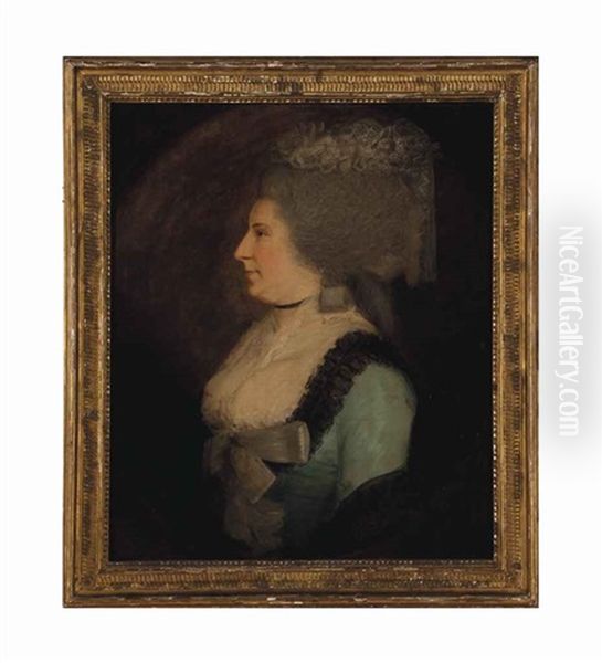 Portrait Of A Lady In A Blue Dress With White Fichu, Half-length, In A Painted Oval Oil Painting by Thomas Gainsborough