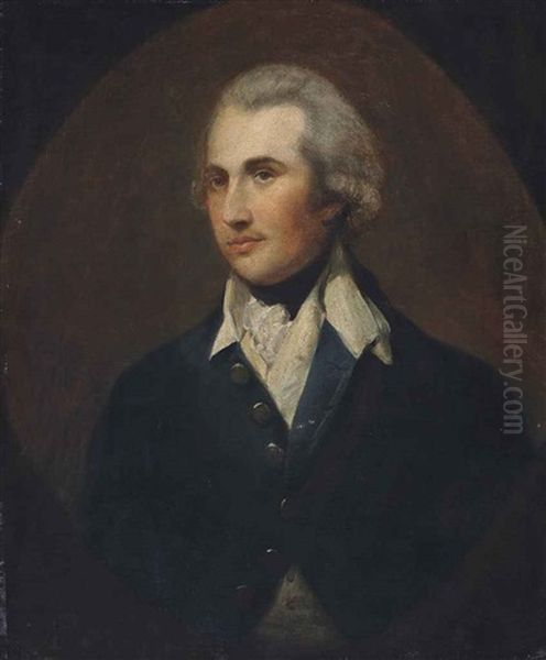 Portrait Of A Gentleman, Half-length, In A Green Coat With A White Collar, Painted Oval Oil Painting by Thomas Gainsborough