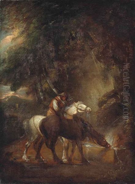 Horses Watering In A Landscape Oil Painting by Thomas Gainsborough