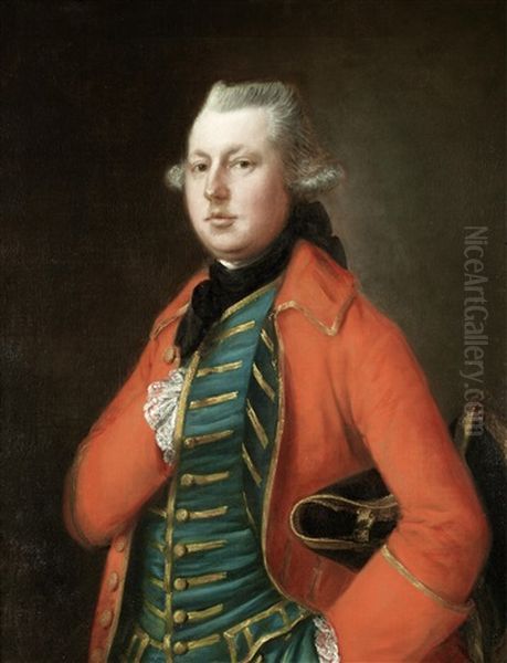 Portrait Of Mr. Coke Of Brookhill Hall, Half-length, In A Red Coat And A Blue Waistcoat With Gold Embroidery, A Tricorn Hat Under His Arm Oil Painting by Thomas Gainsborough