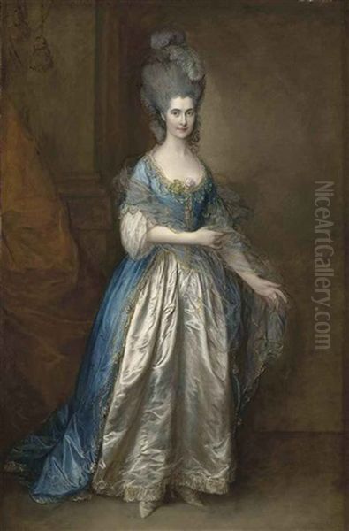 Portrait Of Mrs. William Villebois In Masquerade Dress, With A Blue Gown And A Lace-edged Satin Skirt, Holding A Diaphanous Wrap, Beside A Pilaster Oil Painting by Thomas Gainsborough