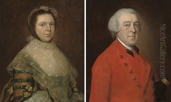 Portrait Of Elizabeth Prowse, Half-length, In A Blue And Gold Dress (+ Portrait Of Thomas Prowse (1708-1767), Of Compton Bishops, Half-length, In A Red Coat; Pair) Oil Painting by Thomas Gainsborough