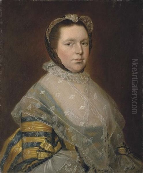 Portrait Of Mrs Thomas Prowse In A Blue And Gold Dress Trimmed With Lace And Ribbons Oil Painting by Thomas Gainsborough