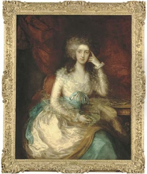 Portrait Of The Hon. Mrs Watson, Later Lady Sondes, Three-quarter-length, Seated In A Pink Dress With Blue Sash, A Draped Curtain Beyond Oil Painting by Thomas Gainsborough