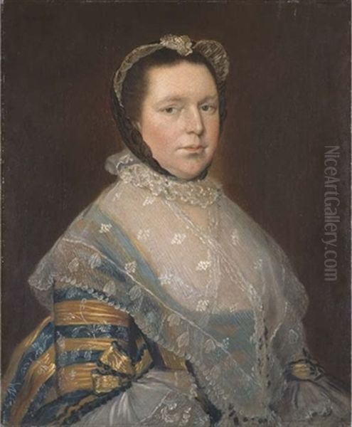 Portrait Of Mrs Thomas Prowse, Half-length, In A Blue And Gold Dress Trimmed With Lace And Ribbons by Thomas Gainsborough