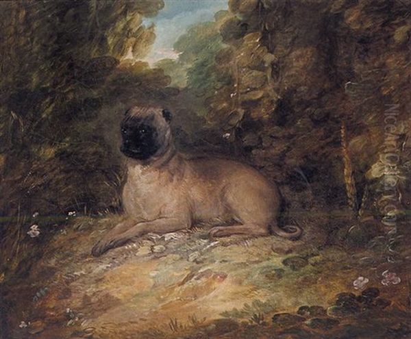 Portrait Of A Pug Belonging To Jonathan Spilsbury, In A Landscape Oil Painting by Thomas Gainsborough