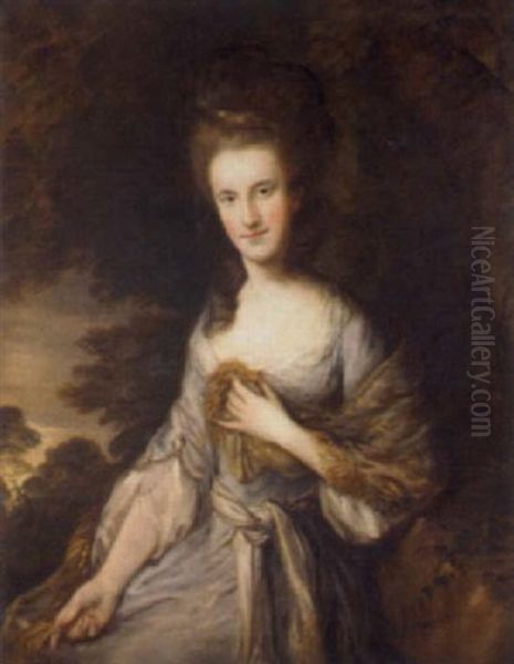 Portrait Of Miss Sarah Buxton In A Cream Dress, In A Landscape Oil Painting by Thomas Gainsborough