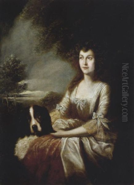 Bildnis Einer Dame Mit Ihrem Hund In Einer Abendlichen Landschaft by Thomas Gainsborough