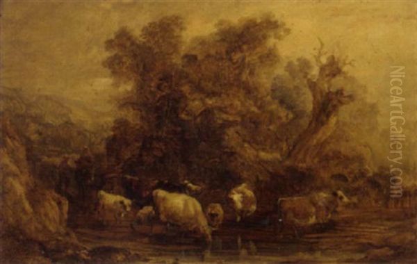 Drovers With Cattle At A Ford Oil Painting by Thomas Gainsborough