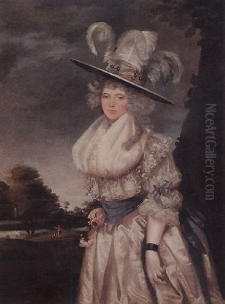 Portrait Of A Lady Standing In A Landscape, Wearing A White Dress With A White Hat Decorated With Feathers, And A Blue Sash Oil Painting by Thomas Gainsborough