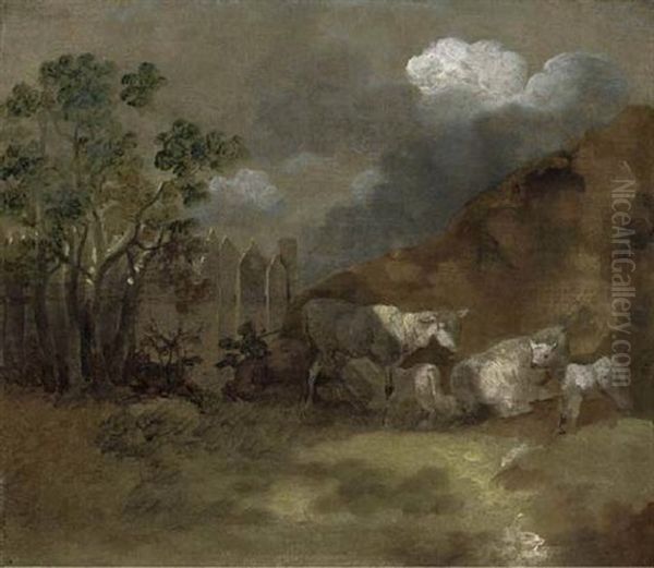 Sheep And Lambs By A Fence In A Landscape Oil Painting by Thomas Gainsborough