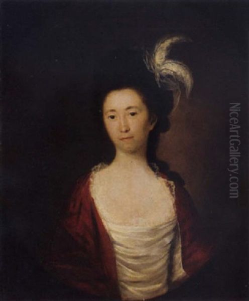 Portrait Of A Lady In A White Dress With A Red Shawl, Feathers In Her Hair Oil Painting by Thomas Gainsborough