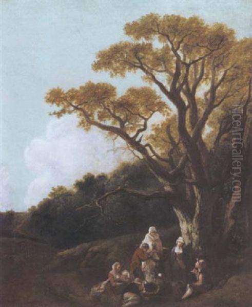 Wooded Landscape With Pheasants And Donkey Round A Fire, Figures And Distant Church Oil Painting by Thomas Gainsborough