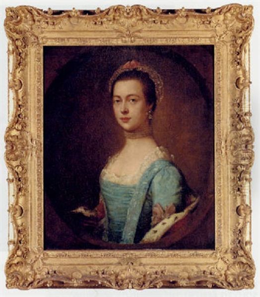 Portrait Of A Lady (mrs. William Talbot Baker?), Three-quarter-length, In A Blue Dress And Pearl Choker Oil Painting by Thomas Gainsborough