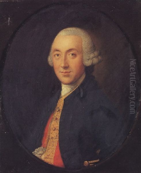 Portrait Of A Gentleman (thomas Henderson Of Bath?), In A Blue Coat And Red Waistcoat Holding A Tricorn Hat Oil Painting by Thomas Gainsborough