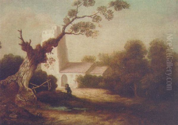 A Figure By A Tree Before A Church In A Wooded Landscape Oil Painting by Thomas Gainsborough