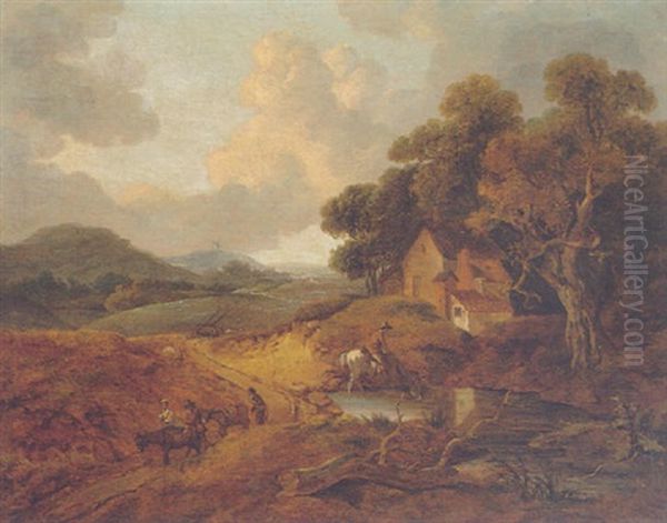 Landscape With Rustics And Donkeys On A Path Oil Painting by Thomas Gainsborough