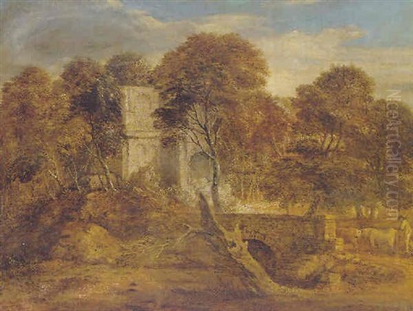 Landscape With A Figure And Cattle Crossing A Bridge Oil Painting by Thomas Gainsborough