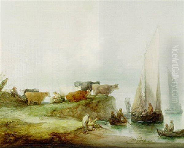 A Coastal Landscape With Figures In Boats, Peasants, Milkmaids And Cattle On The Shore by Thomas Gainsborough