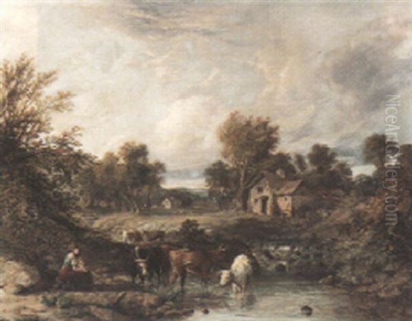 A River Landscape With Children, Cows And A Mill Oil Painting by Thomas Gainsborough