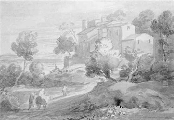 Wooded Landscape With Buildings And Figures Oil Painting by Thomas Gainsborough