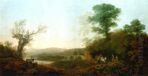 A River Landscape With Travellers Resting On The Edge Of A Wood, A Horse-drawn Cart Before A Bridge And Donkeys On A Bank Oil Painting by Thomas Gainsborough