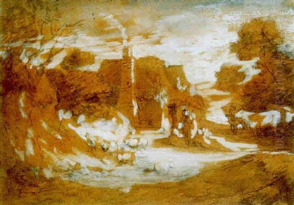 A Landscape With Figures, Sheep And Cattle Outside A Cottage Oil Painting by Thomas Gainsborough