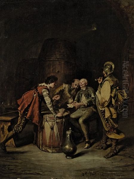 Kartenspieler Im Weinkeller Oil Painting by Jakob Emanuel Gaisser