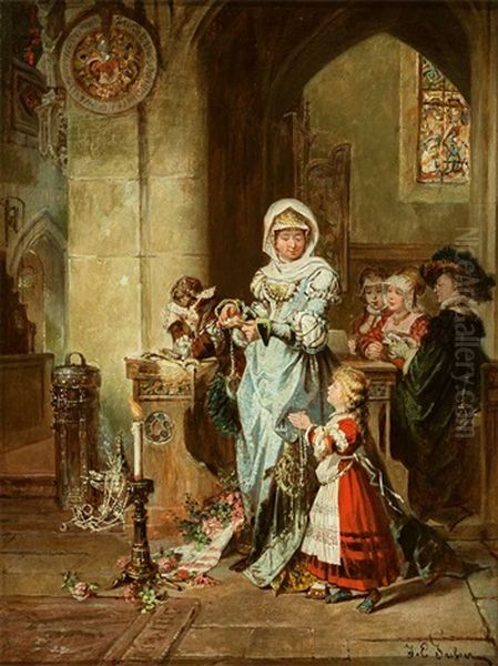 In Einer Gotischen Kirche Haben Sich Eine Furstin In Begleitung Ihrer Tochter Und Vier Hofdamen Zum Gebet Eingefunden Oil Painting by Jakob Emanuel Gaisser