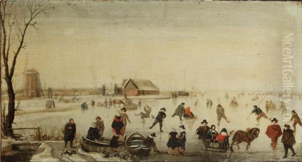 A Winter Landscape With Skaters On A Frozen River Oil Painting by Hendrick Avercamp