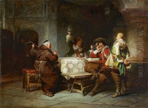 Frohliche Tischgesellschaft Mit Kapuzinermonch Oil Painting by Jakob Emanuel Gaisser