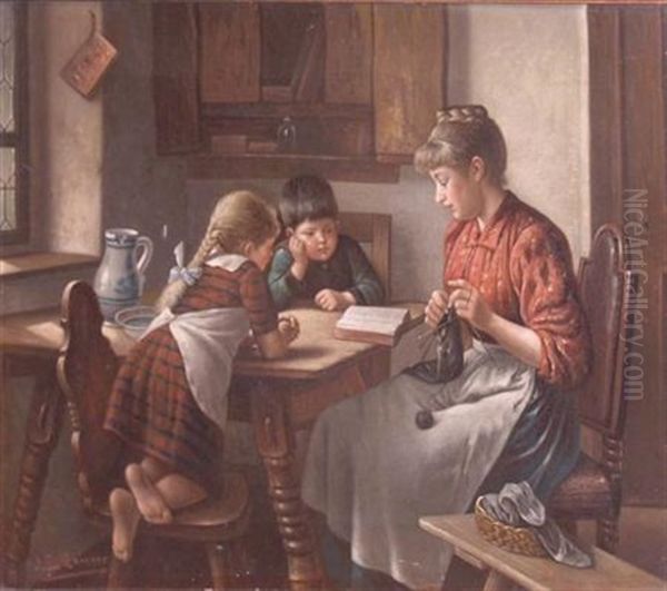 The Reading Lesson Oil Painting by Jakob Emanuel Gaisser