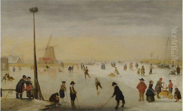 A Winter Landscape With Figures Skating And Playing Kolf Oil Painting by Hendrick Avercamp