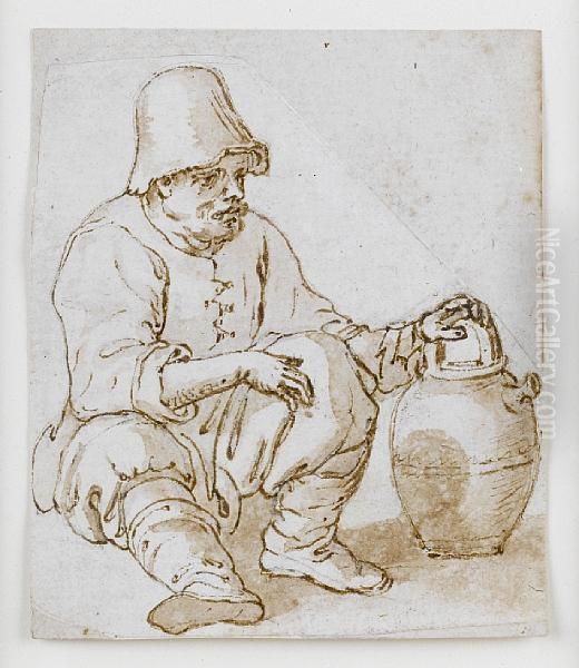 A Seated Man Holding A Jug Oil Painting by Hendrick Avercamp